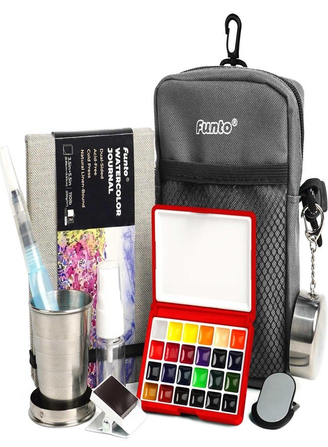 Funto Mini Watercolour Set, the All-In-One 24-Colour Premium Pocket Travel Painting Insert, with Crossbody Bag, Watercolour Diary, Water Brush, Painting Water Cup and Magnetic Handle - Image 1