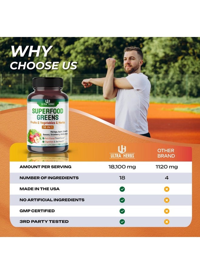 أعشاب فائقة - Superfood Greens 18 IN 1 - 18,100mg مع الفواكه والخضروات والأعشاب - المورينجا، البرسيم، التفاح، السبانخ، الموز، الفراولة - تعزيز الطاقة والمناعة وصحة الأمعاء (إمدادات لمدة 150 يومًا (عبوة واحدة)) - Image 1