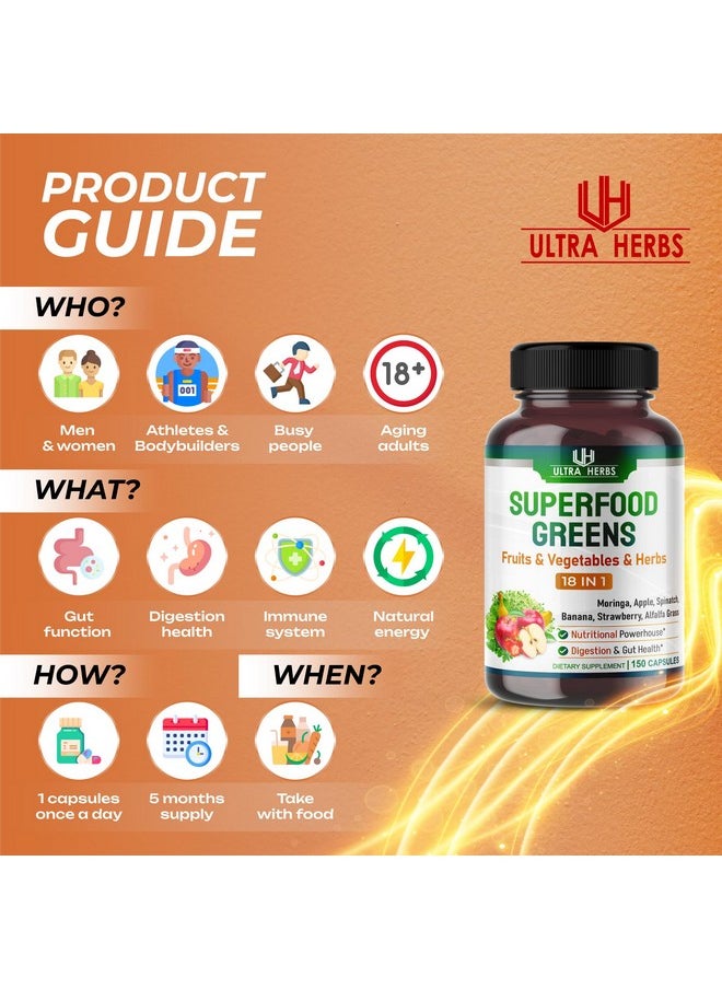 أعشاب فائقة - Superfood Greens 18 IN 1 - 18,100mg مع الفواكه والخضروات والأعشاب - المورينجا، البرسيم، التفاح، السبانخ، الموز، الفراولة - تعزيز الطاقة والمناعة وصحة الأمعاء (إمدادات لمدة 150 يومًا (عبوة واحدة)) - Image 1
