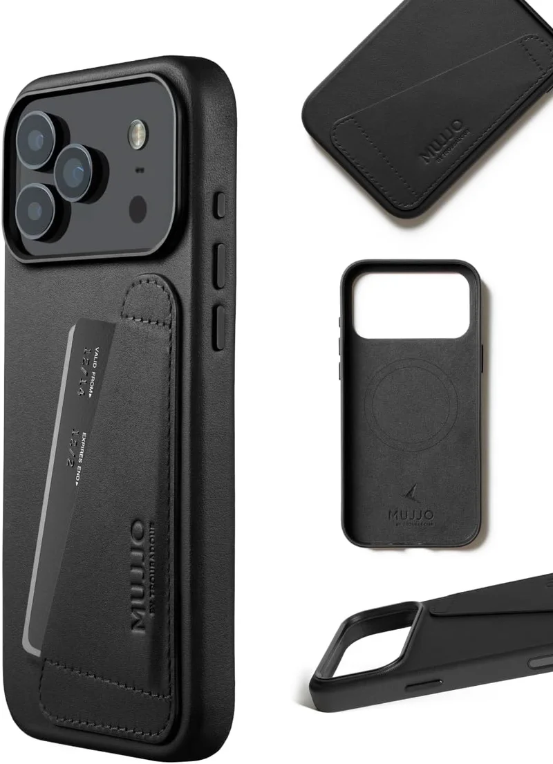 Mujjo iPhone 17 Pro Max Wallet Case - Black With Magsafe. Crafted From Premium Leather, This Luxurious Case Combines Elegance and Durability, Providing a Sleek, Sophisticated Look While Offering Superior Protection.