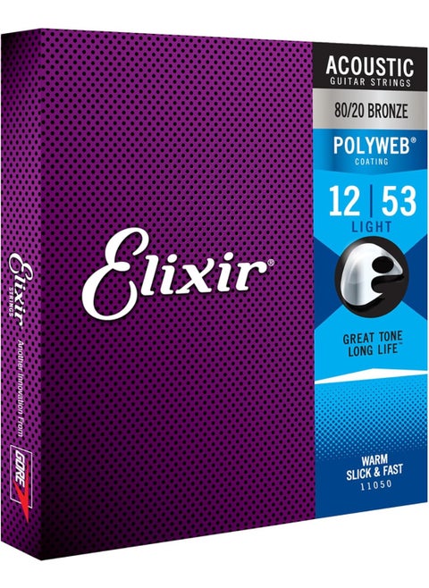 Elixir Strings, Acoustic Guitar Strings, 80/20 Bronze with POLYWEB Coating, Longest-Lasting Warm Tone with Comfortable Feel, 6 String Set, Light 12-53