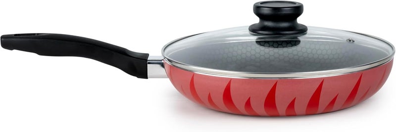 SENSTAN Flame Design Fry Pan with Glass Lid | Non-Stick Frying Pan | 24x5.0CM Skillet | Flame-Patterned Sauté Pan | Premium Cooking Pan - Image 1