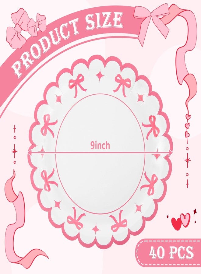 Quera 40Pcs Pink Bow Paper Plate 9'' Coquette Birthday Decorations for Pink Bow Theme First Birthdays, Baby Shower, and She's Tying the Knot Bachelorette Party Decor - Image 2