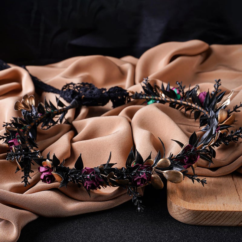 MOSTORY Elf Black Flower Crown - Fairy Headband Gothic Floral Headpiece Dark Elven Tiara for Renaissance Halloween Renfaire Costume Women Cosplay - Image 2