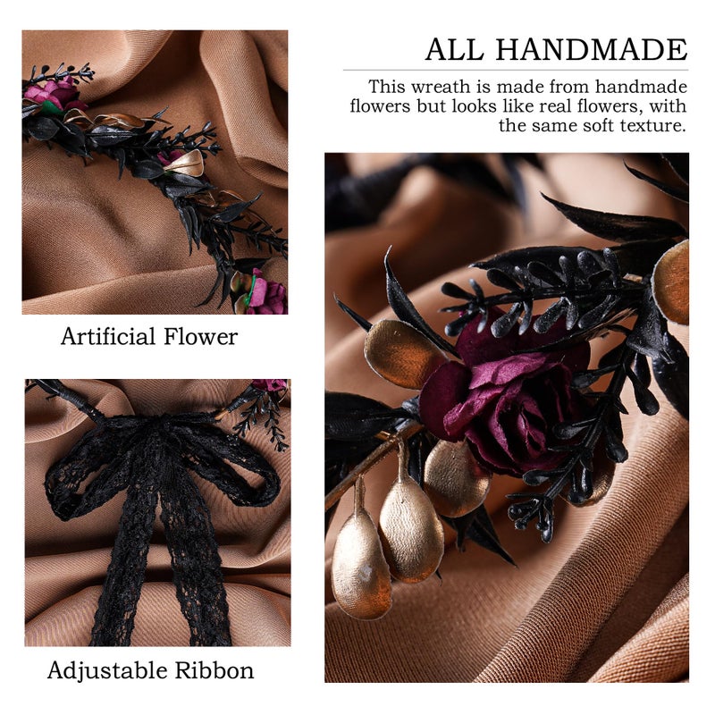 MOSTORY Elf Black Flower Crown - Fairy Headband Gothic Floral Headpiece Dark Elven Tiara for Renaissance Halloween Renfaire Costume Women Cosplay - Image 3