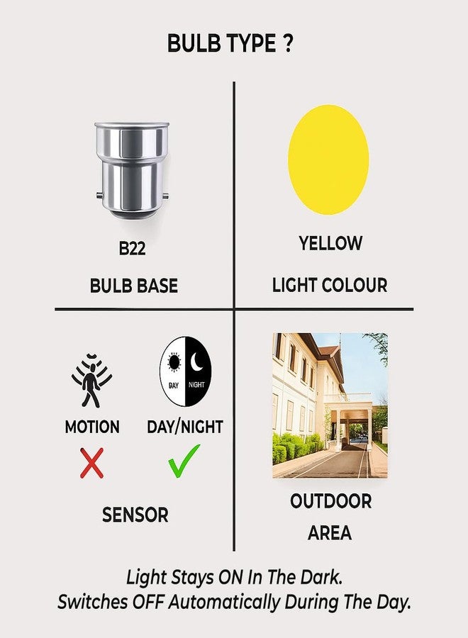 Auto-ON Day/Night Sensor LED Bulb (9W) (Always ON During Night, Auto-Off During Day) (Yellow Light Color) (One Year Warranty) (White Pack Of 1, B22) - Image 3