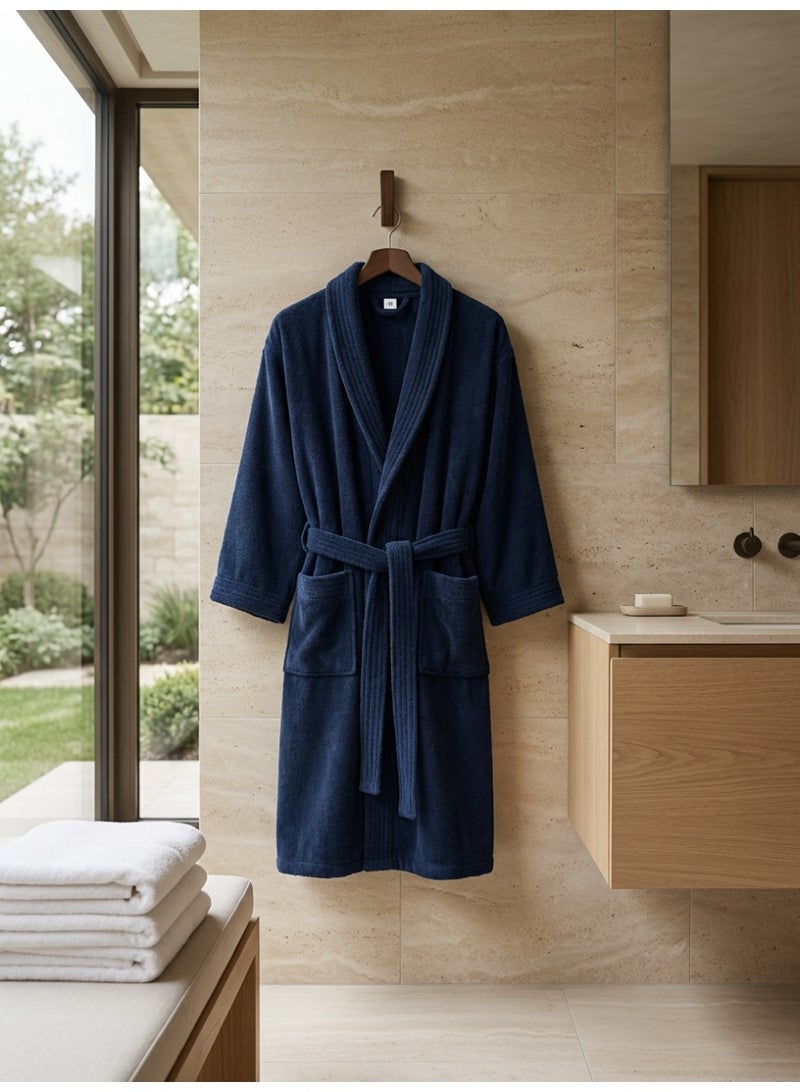 Ambrosia Medium 100% Cotton Unisex Navy Blue Terry Bathrobe with Front Pockets and Tie Belt, highly absorbent plush spa robe for men and women offering a cozy wearable blanket feel and luxury hotel quality loungewear - Image 5