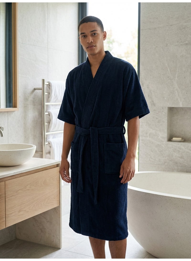 Ambrosia Medium 100% Cotton Unisex Navy Blue Terry Bathrobe with Front Pockets and Tie Belt, highly absorbent plush spa robe for men and women offering a cozy wearable blanket feel and luxury hotel quality loungewear - Image 3