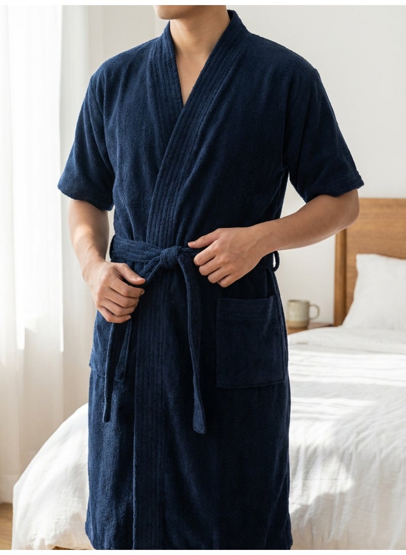 Ambrosia Medium 100% Cotton Unisex Navy Blue Terry Bathrobe with Front Pockets and Tie Belt, highly absorbent plush spa robe for men and women offering a cozy wearable blanket feel and luxury hotel quality loungewear - Image 4