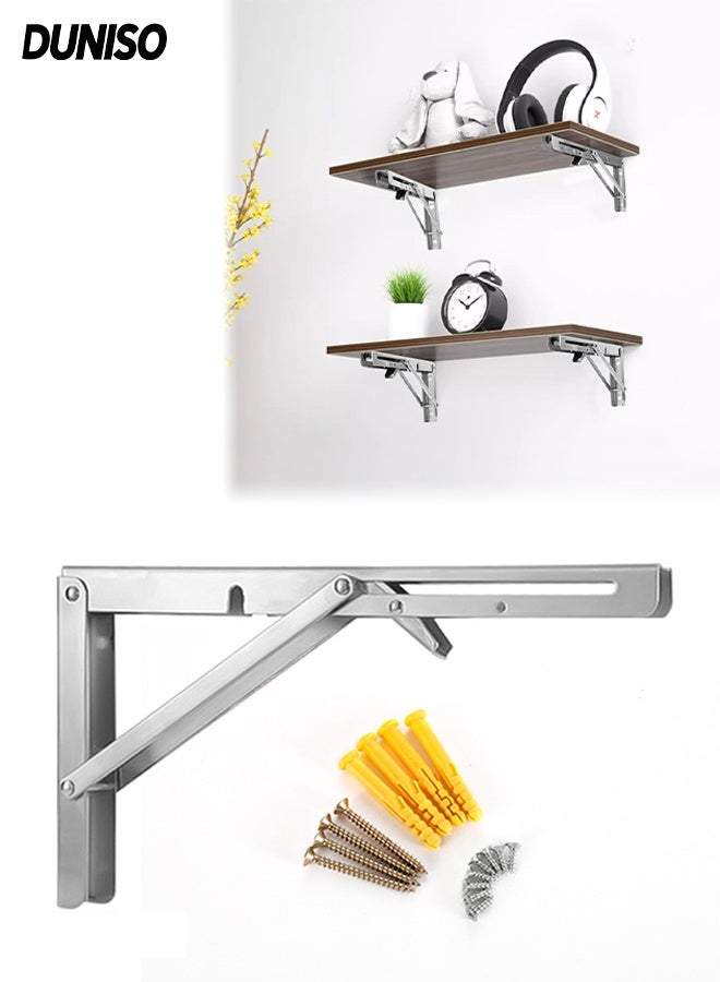 DUNISO 2 Pcs Folding Shelf Brackets,201 Stainless Steel Shelf Brackets,Wall Mounted Shelf Bracket,Space Saving,Sturdy and Durable,for Table Work Bench,8 inch - Image 1