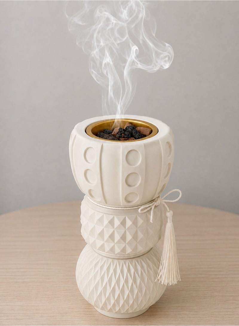 Modern Matte Geometric Incense Burner – Triple-Tiered Textured Oud Bakhoor Holder with Decorative Tassel - Image 1