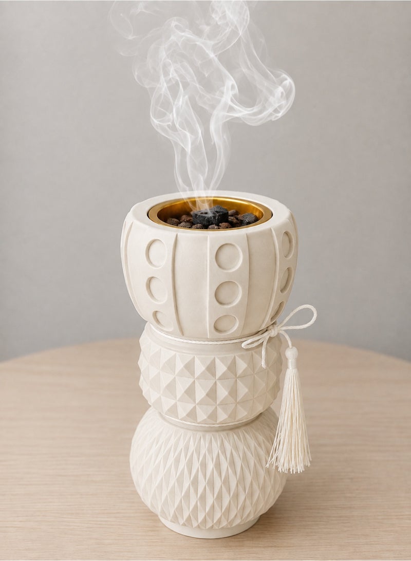 Modern Matte Geometric Incense Burner – Triple-Tiered Textured Oud Bakhoor Holder with Decorative Tassel - Image 2