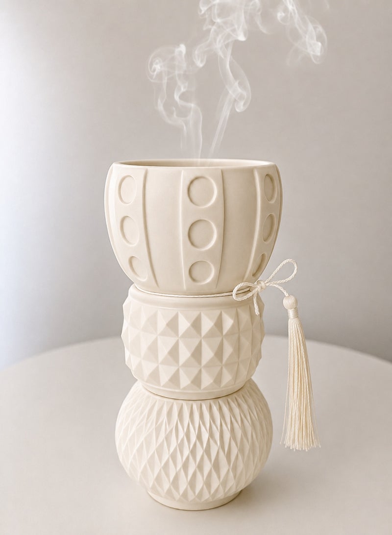 Modern Matte Geometric Incense Burner – Triple-Tiered Textured Oud Bakhoor Holder with Decorative Tassel - Image 3