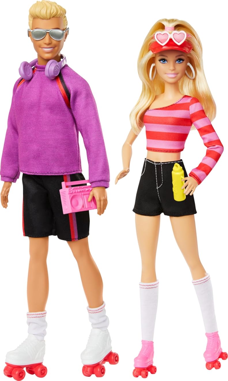 Mini Barbie Fashionistas Set with 2 Fashion Dolls & 6 Accessories, Barbie & Ken Roller-Skating Fashion Dolls, 65th Anniversary Collectible