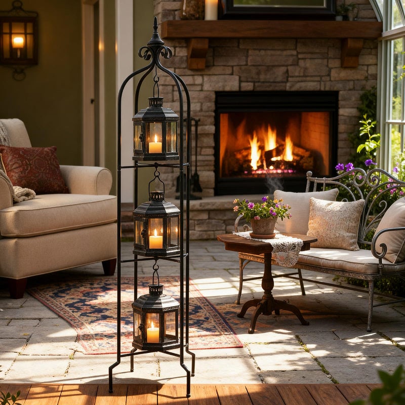 Tujoe Metal Tall Floor Candle Lantern Holders Set Foldable 45 Inch 3 Tier Candle Stand with 3 Pcs Decorative Lanterns for Indoor Outdoor Yard Porch Room Patio Garden Balcony Wedding - Image 1