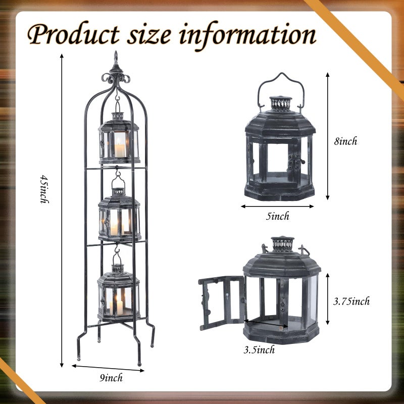 Tujoe Metal Tall Floor Candle Lantern Holders Set Foldable 45 Inch 3 Tier Candle Stand with 3 Pcs Decorative Lanterns for Indoor Outdoor Yard Porch Room Patio Garden Balcony Wedding - Image 2