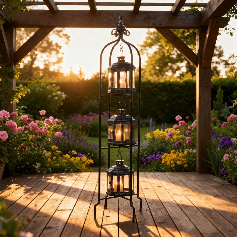 Tujoe Metal Tall Floor Candle Lantern Holders Set Foldable 45 Inch 3 Tier Candle Stand with 3 Pcs Decorative Lanterns for Indoor Outdoor Yard Porch Room Patio Garden Balcony Wedding - Image 5