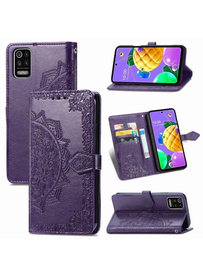 اس-توب جراب لهاتف LG K52، جراب جلدي أفقي قابل للطي، منقوش عليه زهرة ماندالا، مزود بحامل وثلاث فتحات للبطاقات ومحفظة وحبل تعليق - Image 1