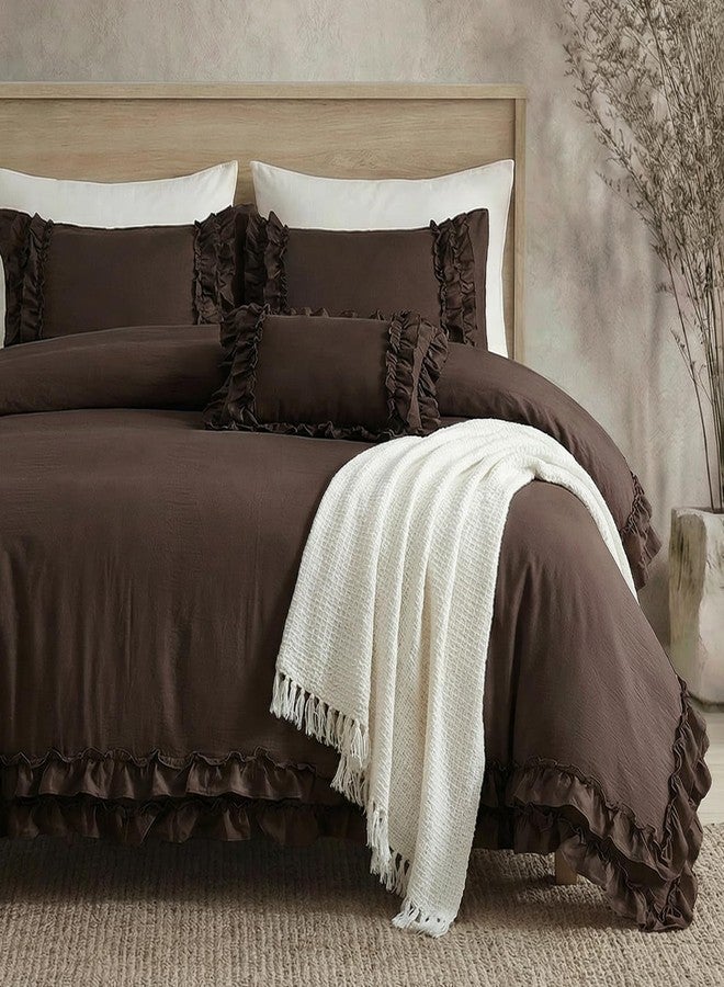 Bedorm Dark Brown Duvet Cover Set Elegant Ruffled Bedding King Shabby Chic Lace Ruffle Boho Bedroom Decor Vintage Boho Style Chocolate Duvet Cover with Pillowcases - Image 1
