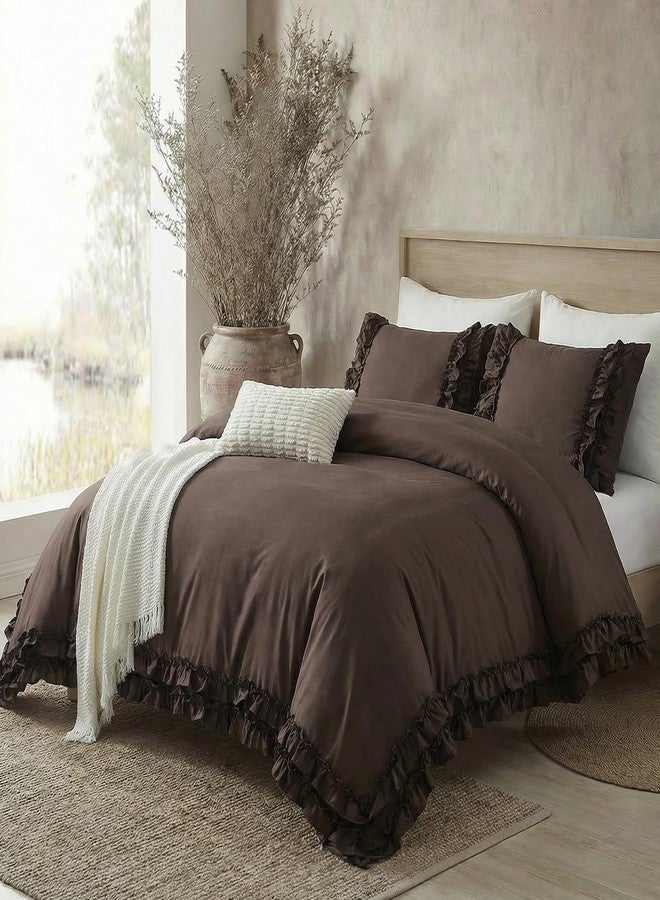 Bedorm Dark Brown Duvet Cover Set Elegant Ruffled Bedding King Shabby Chic Lace Ruffle Boho Bedroom Decor Vintage Boho Style Chocolate Duvet Cover with Pillowcases - Image 4