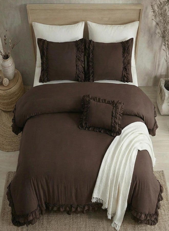 Bedorm Dark Brown Duvet Cover Set Elegant Ruffled Bedding King Shabby Chic Lace Ruffle Boho Bedroom Decor Vintage Boho Style Chocolate Duvet Cover with Pillowcases - Image 5