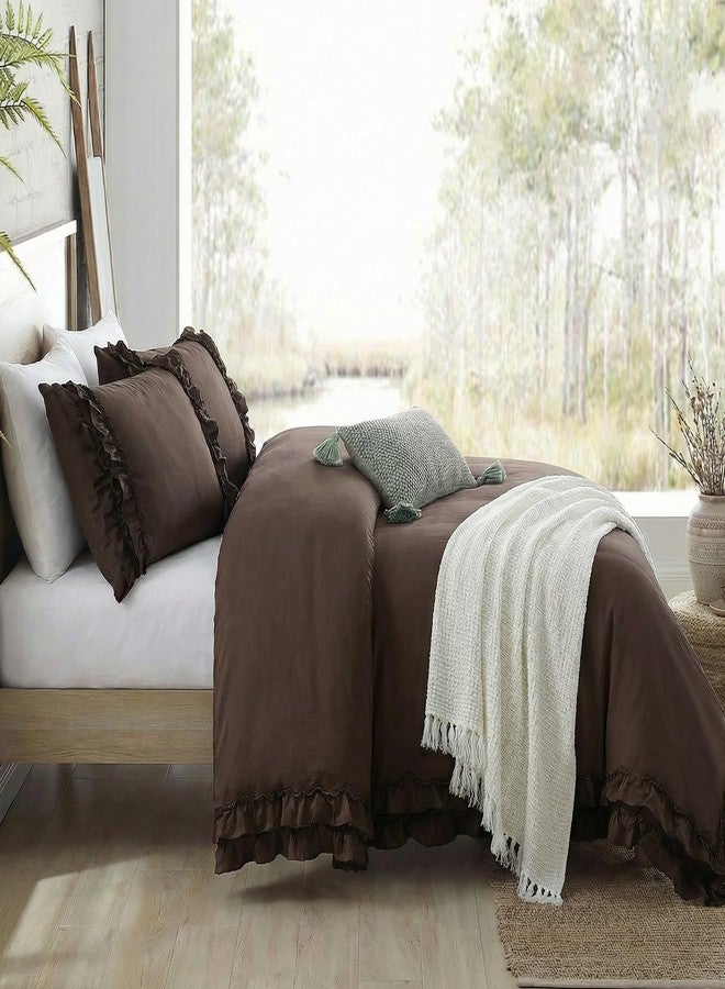Bedorm Dark Brown Duvet Cover Set Elegant Ruffled Bedding King Shabby Chic Lace Ruffle Boho Bedroom Decor Vintage Boho Style Chocolate Duvet Cover with Pillowcases - Image 2