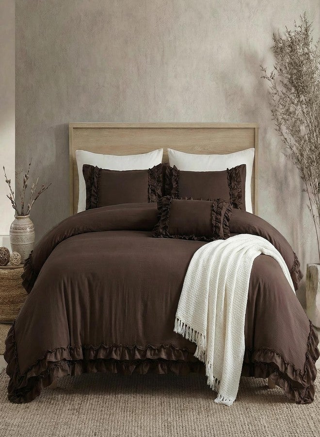 Bedorm Dark Brown Duvet Cover Set Elegant Ruffled Bedding King Shabby Chic Lace Ruffle Boho Bedroom Decor Vintage Boho Style Chocolate Duvet Cover with Pillowcases - Image 3
