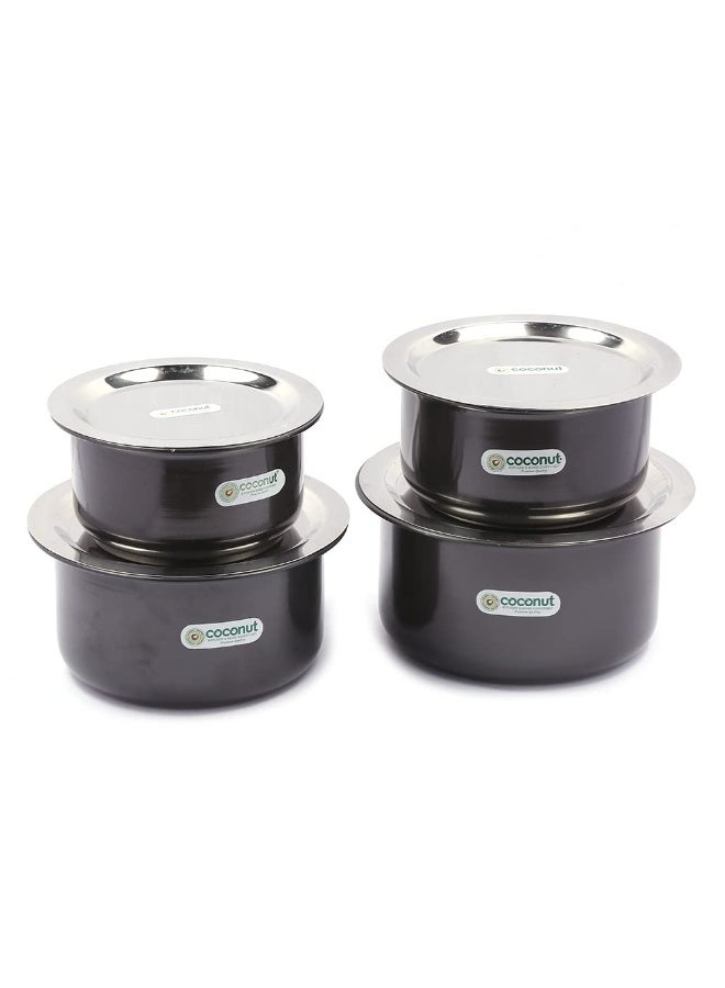 كوكونات قدر "Coconut" مؤكسد صلب (Hard Anodised) للطهي والتقديم، مزود بغطاء من الفولاذ المقاوم للصدأ (SS)، وقاعدة متوافقة مع مواقد الغاز والحث الحراري (Induction) - طقم مكون من 4 قطع - السعات: 1 لتر، 1.5 لتر، 2 لتر، 2.5 لتر (الأبعاد: 17 سم، 18 سم، 20 سم، 21 سم). - Image 3