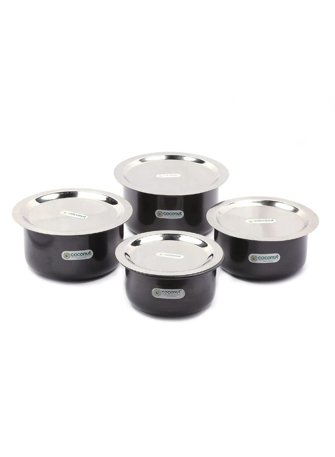 كوكونات قدر "Coconut" مؤكسد صلب (Hard Anodised) للطهي والتقديم، مزود بغطاء من الفولاذ المقاوم للصدأ (SS)، وقاعدة متوافقة مع مواقد الغاز والحث الحراري (Induction) - طقم مكون من 4 قطع - السعات: 1 لتر، 1.5 لتر، 2 لتر، 2.5 لتر (الأبعاد: 17 سم، 18 سم، 20 سم، 21 سم). - Image 4