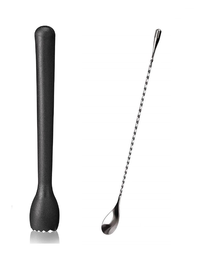 Dynore Stainless Steel Teardrop Twisted Bar Spoon with Black PVC Muddler,Tenderizer Head for Cocktails and Mocktails- Set of 2 - Image 1