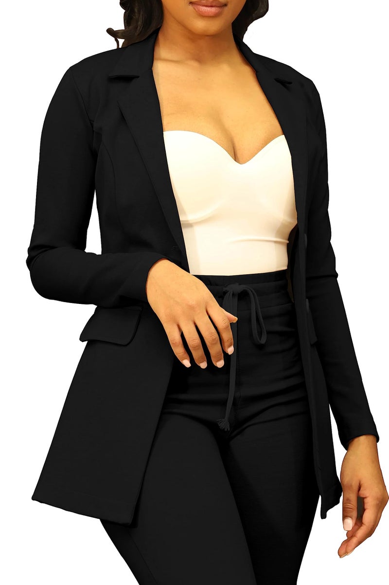 PINSV Women Casual Blazer Open Front Long Sleeve Work Business Suit Jacket Womens Lightweight Lapel Button Blazers Jackets Black L - Image 1