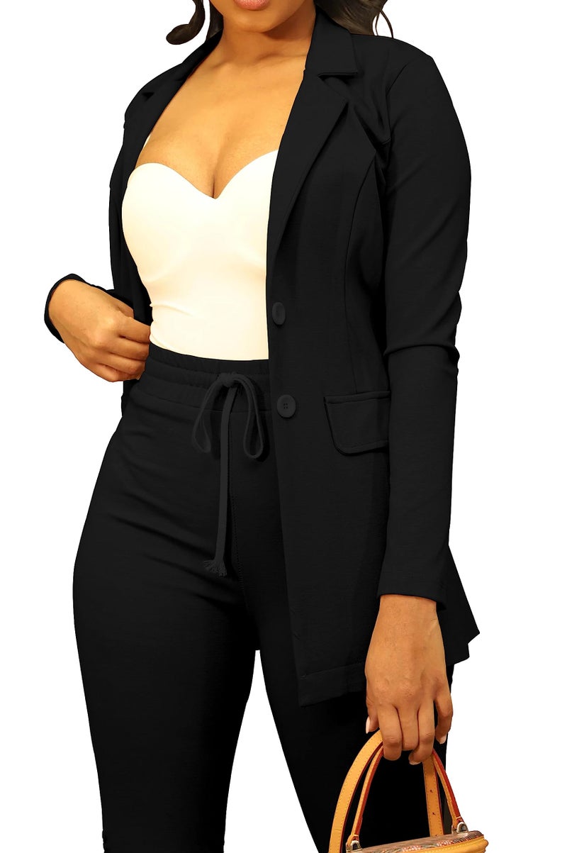 PINSV Women Casual Blazer Open Front Long Sleeve Work Business Suit Jacket Womens Lightweight Lapel Button Blazers Jackets Black L - Image 2