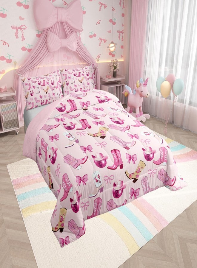 Man Fei Manfei Cowgirl Kids Comforter Set Twin Size,Dreamy Bow-tie Bowknot Princess Bedding Set,Girls Women Room Decor,Cowboy Boots Hats Disco Ball Girly Down Comforter,Pink Duvet Insert,1 Pillowcase - Image 2