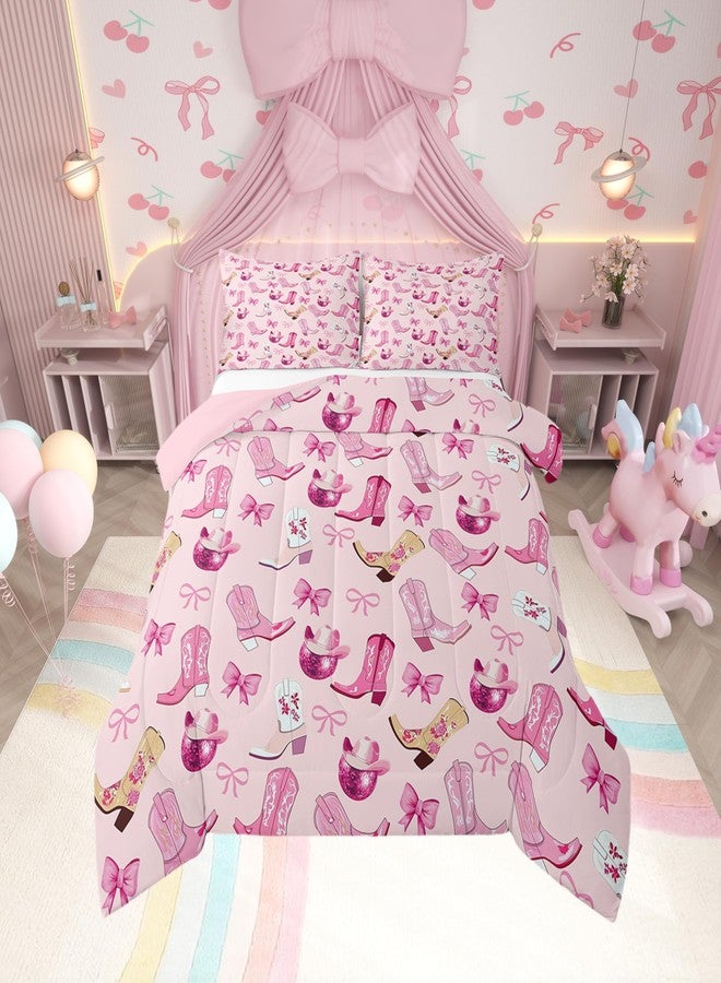 Man Fei Manfei Cowgirl Kids Comforter Set Twin Size,Dreamy Bow-tie Bowknot Princess Bedding Set,Girls Women Room Decor,Cowboy Boots Hats Disco Ball Girly Down Comforter,Pink Duvet Insert,1 Pillowcase - Image 1
