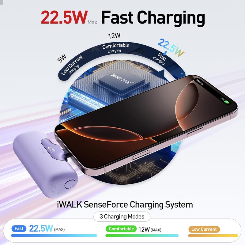 iWalk Powerbank 5500 mAh Mini USB C Power Bank 22.5 W Fast Charging Power Bank Small Lightweight Compact External Mobile Phone Batteries for iPhone 16/16 Plus/16 Pro Max, iPad, Samsung Galaxy S24/S25 - Image 4