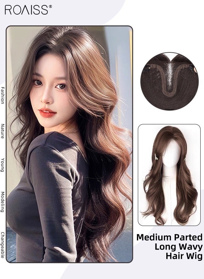 رويس شعر مستعار طويل مموج متوسط ​​الطول للنساء، شعر مستعار صناعي ناعم طبيعي مقاوم للحرارة لحفلات الزفاف والحفلات التنكرية والارتداء اليومي، بني، 55 سم (22 بوصة) - Image 1