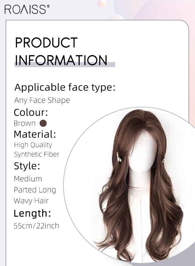 رويس شعر مستعار طويل مموج متوسط ​​الطول للنساء، شعر مستعار صناعي ناعم طبيعي مقاوم للحرارة لحفلات الزفاف والحفلات التنكرية والارتداء اليومي، بني، 55 سم (22 بوصة) - Image 2