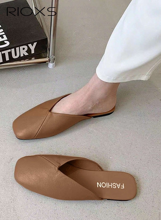 RIOXS Women's Flat Mules,Fashion Cross Line Mules Shoes,PU Low Heel Slippers,Square Toe Backless Flat Shoes For Women Ladies,Slip On Flat Shoes,Anti-slip Mules Loafers Shoes For Work Shopping Walk Wear  - Image 1