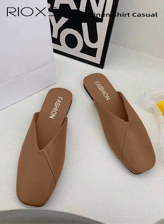 RIOXS Women's Flat Mules,Fashion Cross Line Mules Shoes,PU Low Heel Slippers,Square Toe Backless Flat Shoes For Women Ladies,Slip On Flat Shoes,Anti-slip Mules Loafers Shoes For Work Shopping Walk Wear  - Image 3