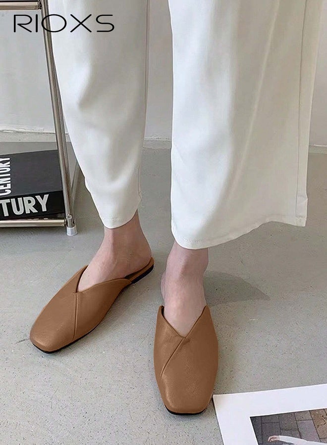 RIOXS Women's Flat Mules,Fashion Cross Line Mules Shoes,PU Low Heel Slippers,Square Toe Backless Flat Shoes For Women Ladies,Slip On Flat Shoes,Anti-slip Mules Loafers Shoes For Work Shopping Walk Wear  - Image 5
