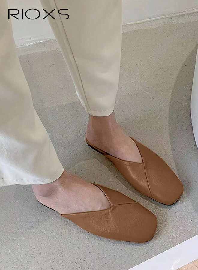 RIOXS Women's Flat Mules,Fashion Cross Line Mules Shoes,PU Low Heel Slippers,Square Toe Backless Flat Shoes For Women Ladies,Slip On Flat Shoes,Anti-slip Mules Loafers Shoes For Work Shopping Walk Wear  - Image 2