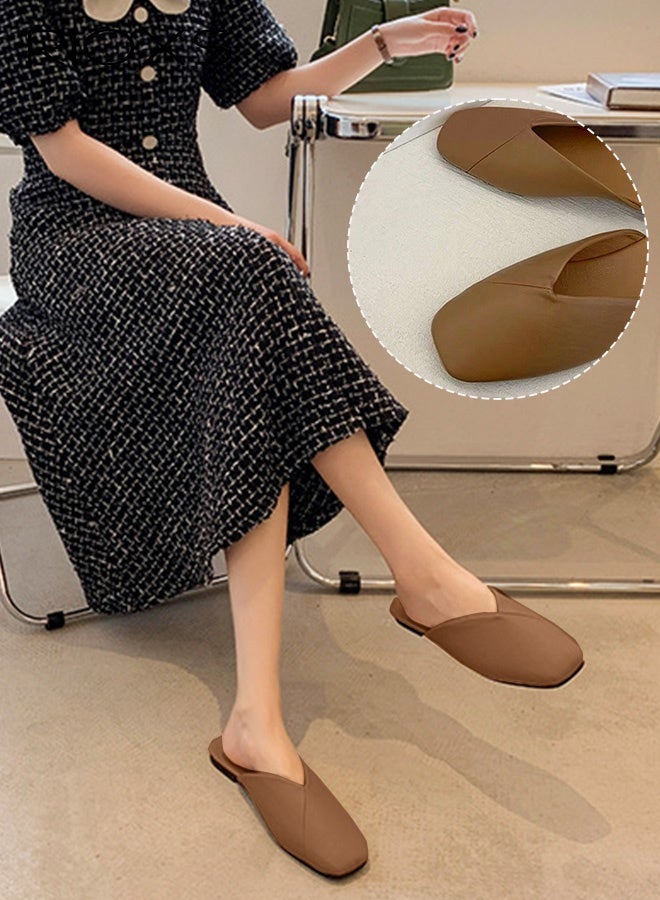 RIOXS Women's Flat Mules,Fashion Cross Line Mules Shoes,PU Low Heel Slippers,Square Toe Backless Flat Shoes For Women Ladies,Slip On Flat Shoes,Anti-slip Mules Loafers Shoes For Work Shopping Walk Wear  - Image 4