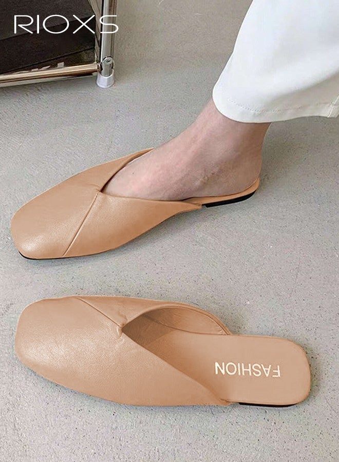 RIOXS Women's Closed Square Toe Flat Mules, Fashion Cross Line Mules Shoes, Lightweight Anti-slip PU Low Heel Slippers, Backless Slip On Casual Office Business Flat Shoes for Ladies, Elegant Dress Mules Loafers Shoes for Work Shopping Dating Vacation and More, Brown - Image 1