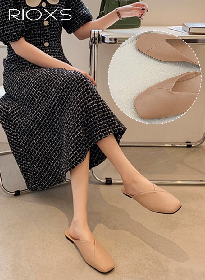 RIOXS Women's Closed Square Toe Flat Mules, Fashion Cross Line Mules Shoes, Lightweight Anti-slip PU Low Heel Slippers, Backless Slip On Casual Office Business Flat Shoes for Ladies, Elegant Dress Mules Loafers Shoes for Work Shopping Dating Vacation and More, Brown - Image 4