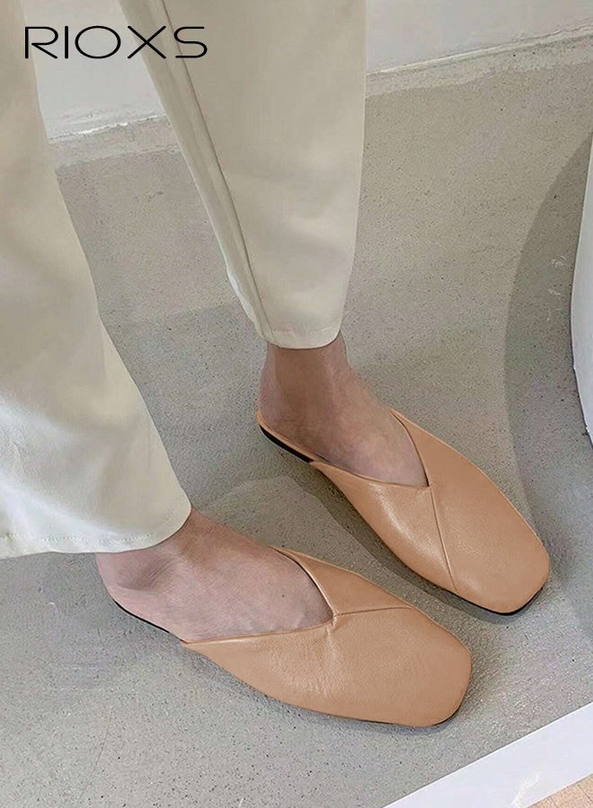 RIOXS Women's Closed Square Toe Flat Mules, Fashion Cross Line Mules Shoes, Lightweight Anti-slip PU Low Heel Slippers, Backless Slip On Casual Office Business Flat Shoes for Ladies, Elegant Dress Mules Loafers Shoes for Work Shopping Dating Vacation and More, Brown - Image 2