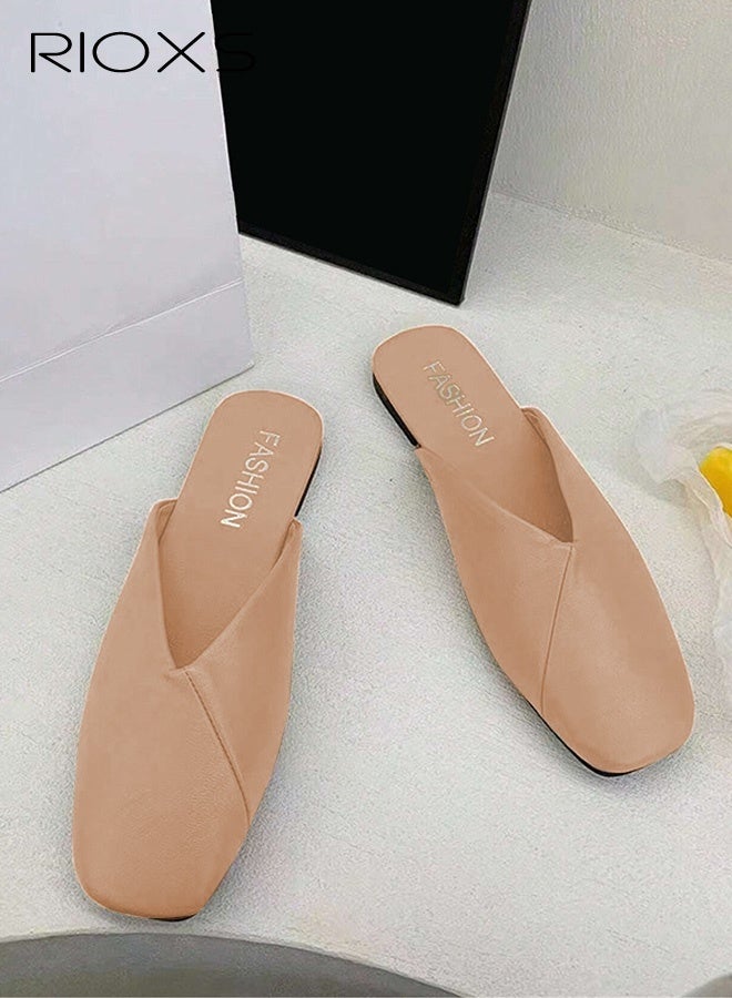 RIOXS Women's Closed Square Toe Flat Mules, Fashion Cross Line Mules Shoes, Lightweight Anti-slip PU Low Heel Slippers, Backless Slip On Casual Office Business Flat Shoes for Ladies, Elegant Dress Mules Loafers Shoes for Work Shopping Dating Vacation and More, Brown - Image 3