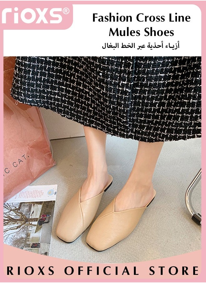 ريوكس النساء البغال المسطحة، Fashion Cross Mules Shoes، PU أحذية الكعب المنخفض، أصابع القدم المربع أحذية مسطحة بدون ظهر للسيدات، انزلق على أحذية مسطحة، البغال المكافحة للانزلاق أحذية أحذية للعمل التسوق ملابس المشي  - Image 4
