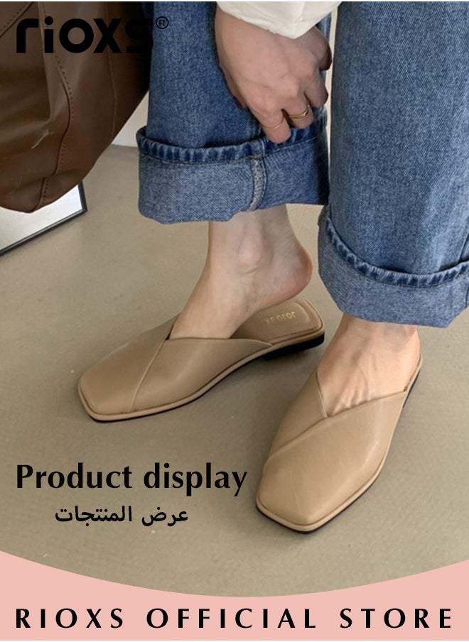 ريوكس النساء البغال المسطحة، Fashion Cross Mules Shoes، PU أحذية الكعب المنخفض، أصابع القدم المربع أحذية مسطحة بدون ظهر للسيدات، انزلق على أحذية مسطحة، البغال المكافحة للانزلاق أحذية أحذية للعمل التسوق ملابس المشي  - Image 3