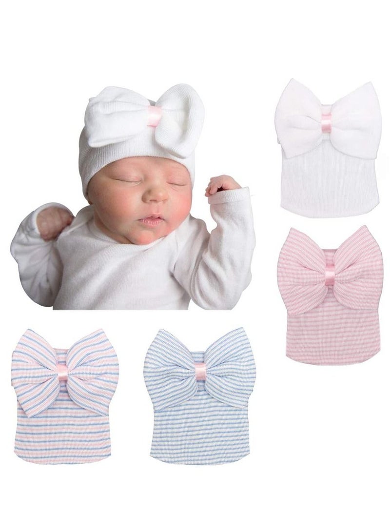 Y&D Newborn Infant Baby Hospital Hat Cap with Bow Knot Nursery Beanie Soft Cute, Blue, White, Pink 4 Pack, First Knit Caps for Girls Boys - Image 1