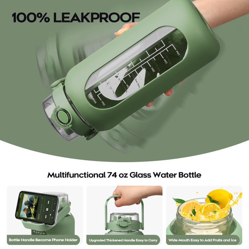 chunmo 74 oz Glass Water Bolttles with Straw Large Motivational Water Bottle with Time Marker Sports Water Bottles with Silicone Sleeve and Handle Lid 2.2L Water Jug for Gym Workout - Image 3